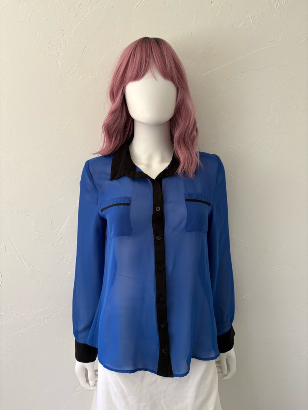 mine Royal Blue Sheer Button-Down Blouse with Black Trim